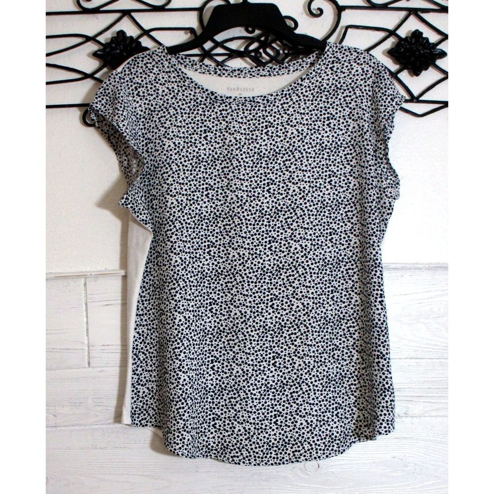 Van Heusen Women's Top Size M Short Sleeve White Polka Dot Round Neck